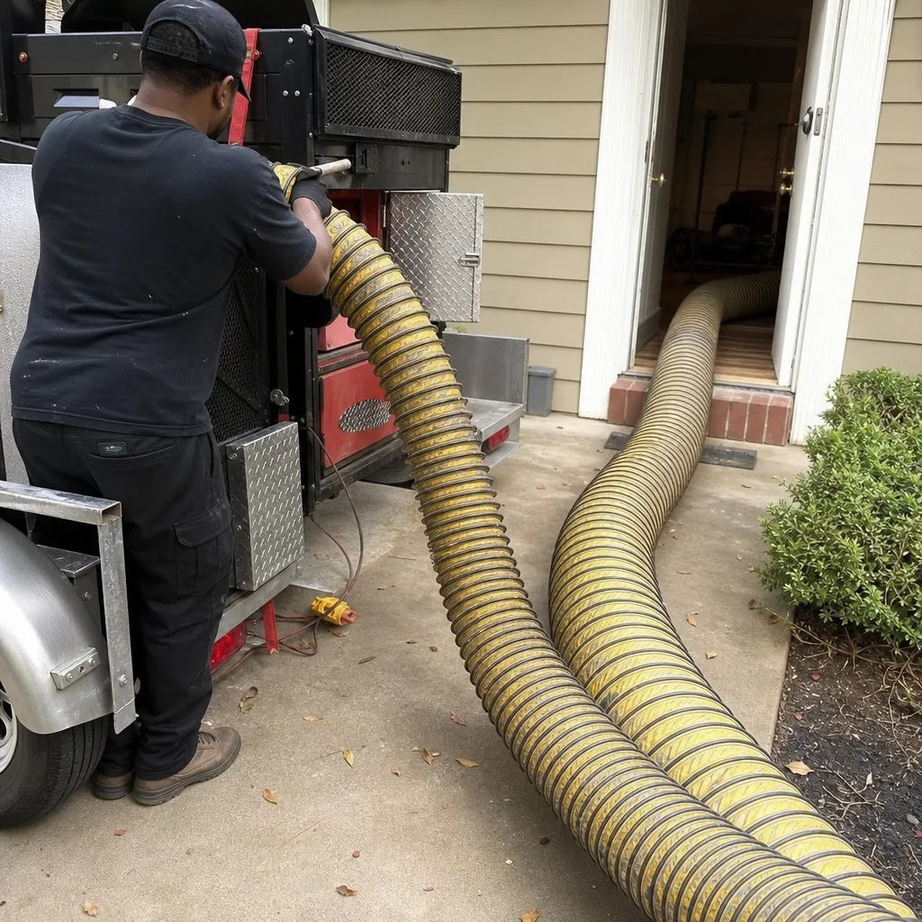 Air duct cleaning technician connecting vacuum hose to residential home entrance