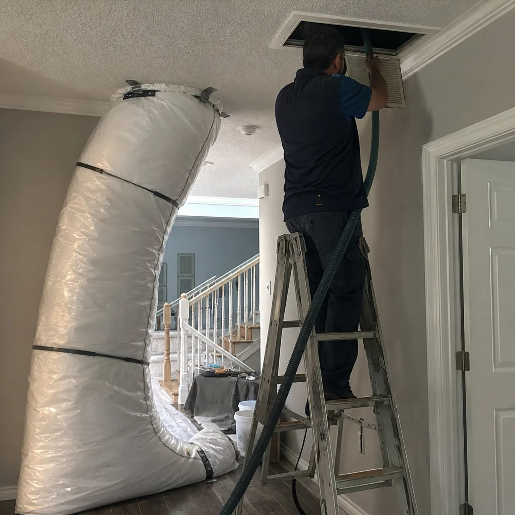 Technician performing professional air duct cleaning with vacuum equipment