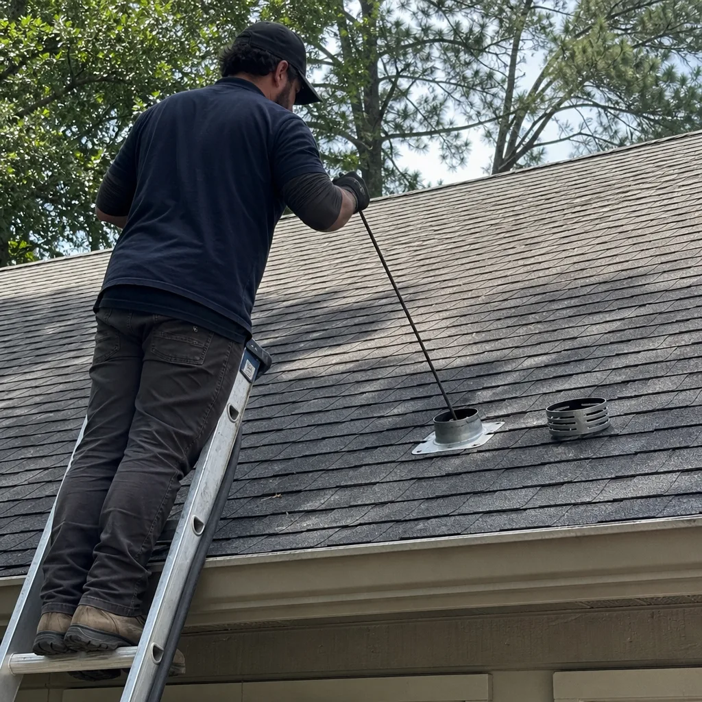 Technician performing professional dryer vent cleaning on a residential roof in Acworth, GA
