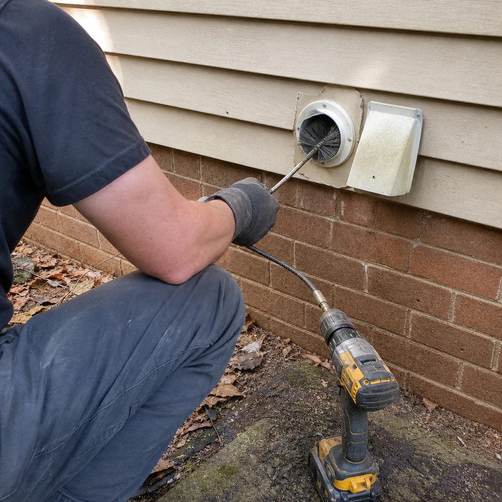 Technician using a rotating brush drill attachment for dryer vent cleaning in Acworth, GA
